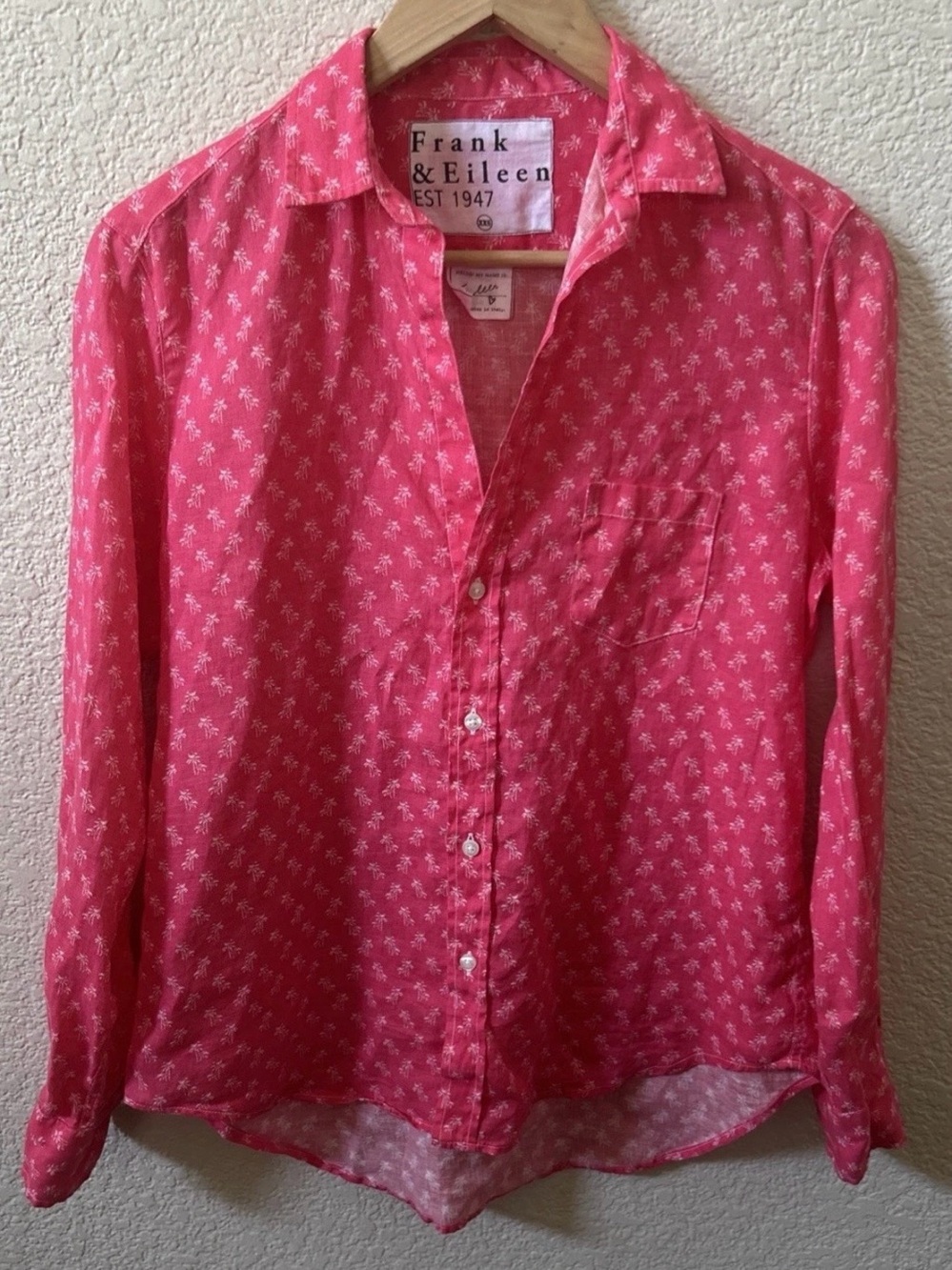 Frank & Eileen The EILEEN XXS 100% Linen Relaxed Button Up Shirt Pink Palm Italy